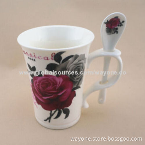 12oz mug with spoon, new bone china, rose design, elegant handle, for promotion